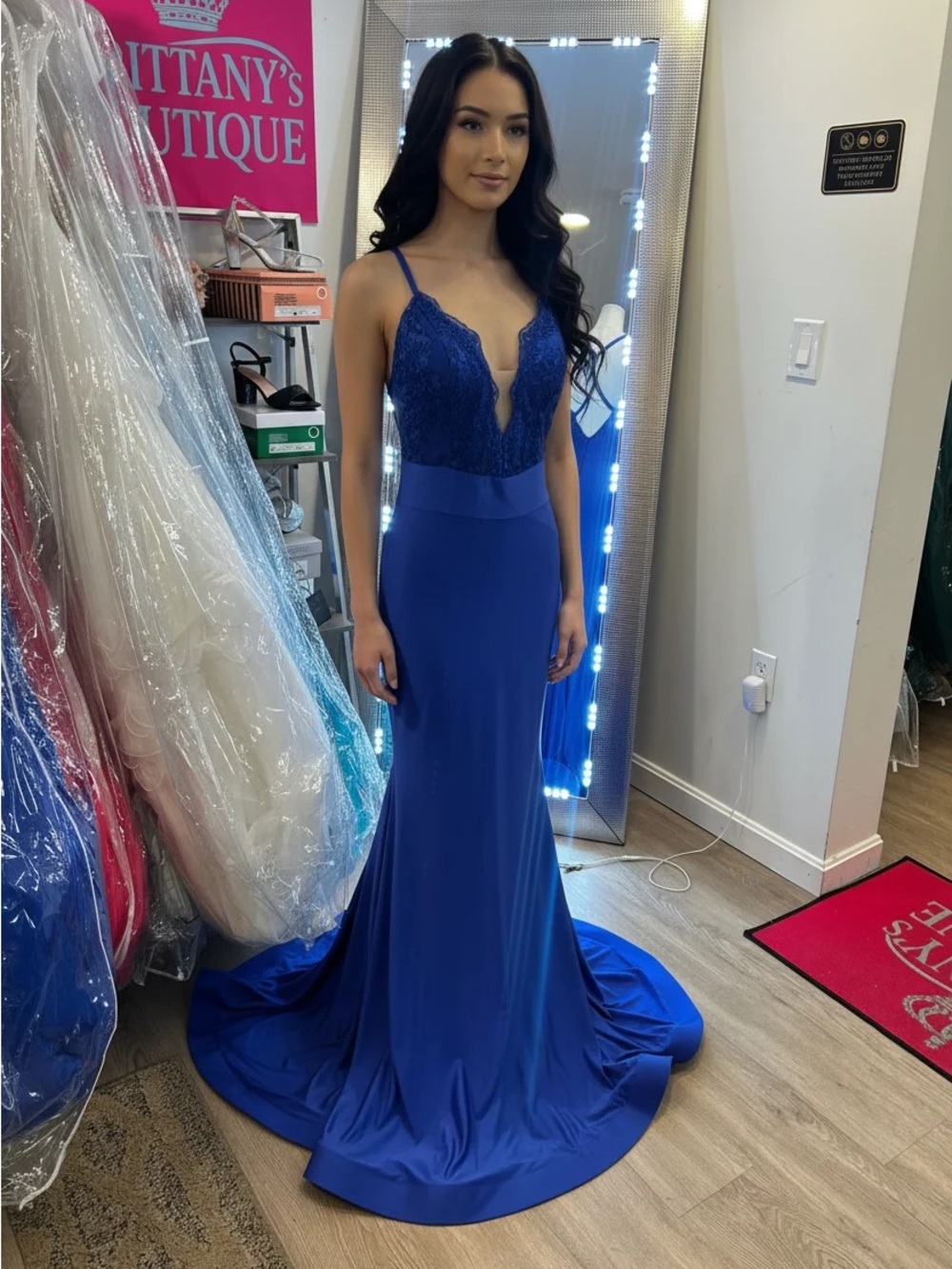Royal Blue Lace Bodice Spaghetti Strap Prom Gown